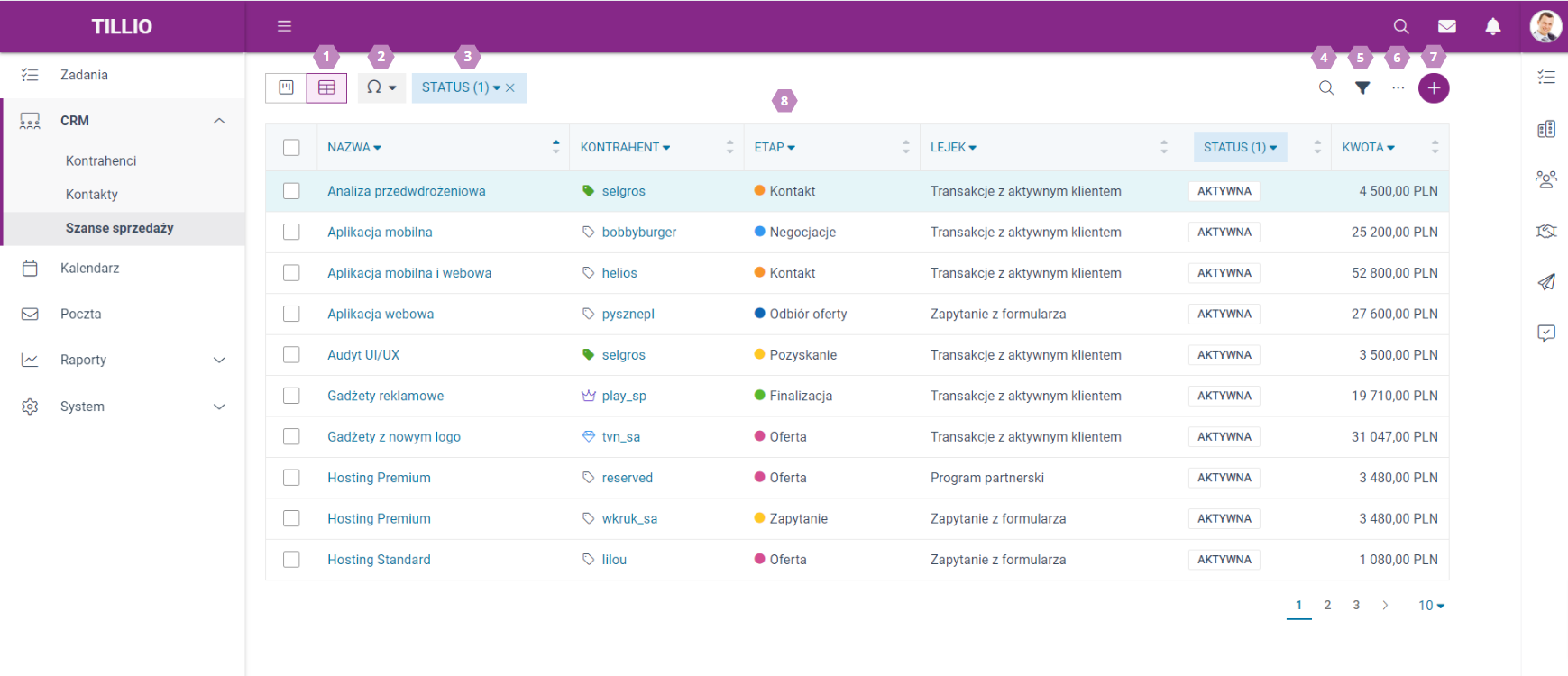 Kanban czy tabela dla szans - Widok tabelaryczny